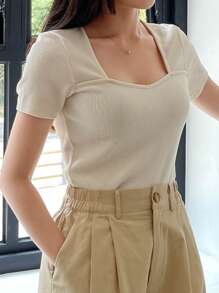 DAZY Square Neck Ribbed Knit Tee - Beige - View 5