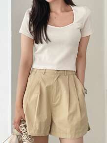 DAZY Square Neck Ribbed Knit Tee - Beige - View 6