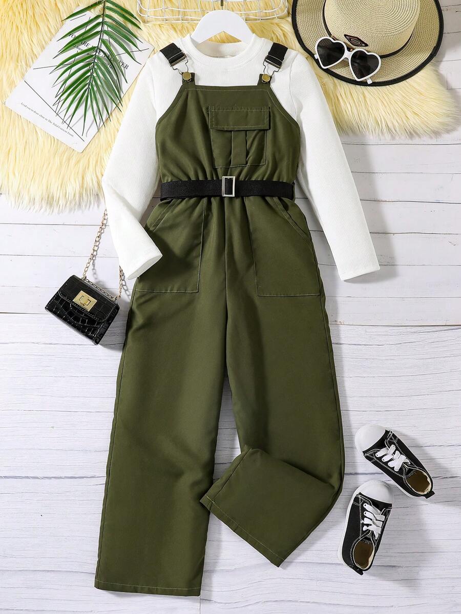 SHEIN Cô gái Tween Áo phông trơn & Chi tiết về Flap Khóa Tổng thể Jumpsuit - xanh quân đội - Xem 1