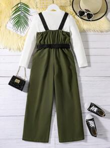 SHEIN Cô gái Tween Áo phông trơn & Chi tiết về Flap Khóa Tổng thể Jumpsuit - xanh quân đội - Xem 2