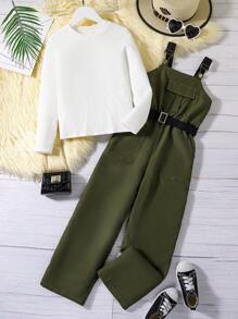 SHEIN Cô gái Tween Áo phông trơn & Chi tiết về Flap Khóa Tổng thể Jumpsuit - xanh quân đội - Xem 5