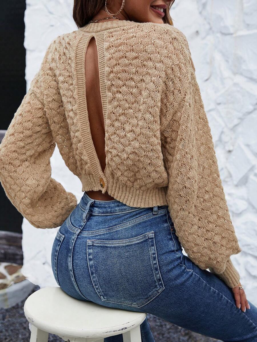 EMERY ROSE Solid Split Back Drop Shoulder Crop Knit Pullover Fall Winter Sweater - Brown - View 1