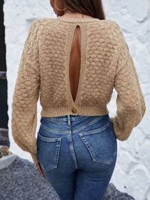 EMERY ROSE Solid Split Back Drop Shoulder Crop Knit Pullover Fall Winter Sweater - Brown - View 2
