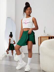 SHEIN Tween Girl Solid High Waist Active Skirt - Dark Green - View 3