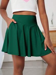 SHEIN Tween Girl Solid High Waist Active Skirt - Dark Green - View 5