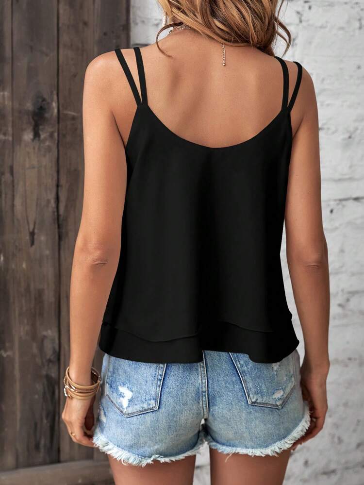 Women Summer Solid Color Double-Layer Ruffle Hem Splice Camisole Top