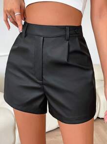 RosyDaze 高腰PU皮革短褲 - 黑色 - 查看 3