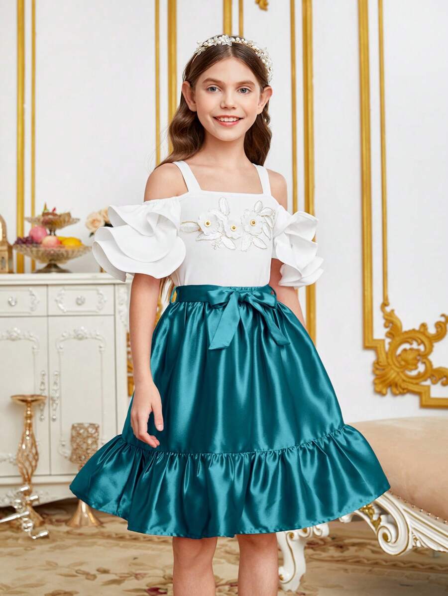 SHEIN 女大童1入組挖肩上衣&1入組腰帶半身裙 - 青碧色 - 查看 1