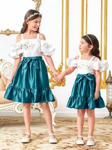 SHEIN 女大童1入組挖肩上衣&1入組腰帶半身裙 - 青碧色 - 查看 3