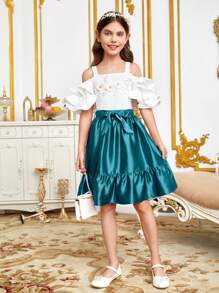 SHEIN 女大童1入組挖肩上衣&1入組腰帶半身裙 - 青碧色 - 查看 7