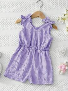 SHEIN 女小童肩部蝴蝶結褶邊連身短褲 - 紫丁香色 - 查看 1