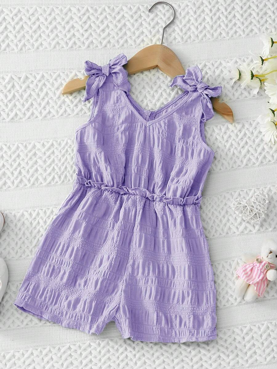 SHEIN 女小童肩部蝴蝶結褶邊連身短褲 - 紫丁香色 - 查看 1
