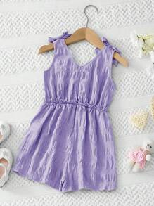 SHEIN 女小童肩部蝴蝶結褶邊連身短褲 - 紫丁香色 - 查看 2