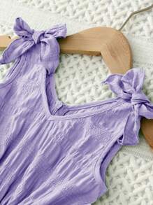SHEIN 女小童肩部蝴蝶結褶邊連身短褲 - 紫丁香色 - 查看 7