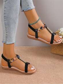 女士圆头绒面革水钻装饰带平底凉鞋，时尚休闲简约弹力带凉鞋，夏季（编织图案随机） - 黑色 - 查看 1