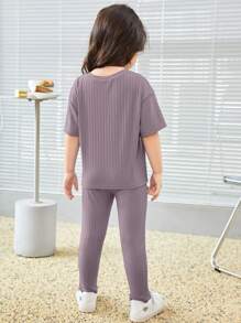 SHEIN Young Girl Letter Patched Detail Tee & Split Hem Pants