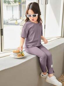 SHEIN Young Girl Letter Patched Detail Tee & Split Hem Pants