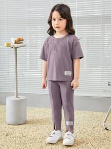 SHEIN Young Girl Letter Patched Detail Tee & Split Hem Pants