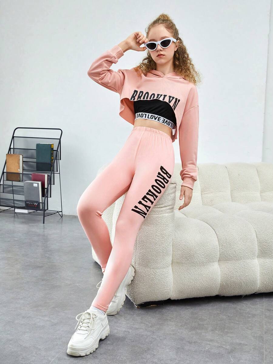 SHEIN 青少年女孩字母圖案短款連帽衫&吊帶上衣&緊身打底褲