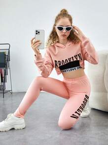 SHEIN 青少年女孩字母圖案短款連帽衫&吊帶上衣&緊身打底褲