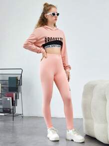 SHEIN 青少年女孩字母圖案短款連帽衫&吊帶上衣&緊身打底褲