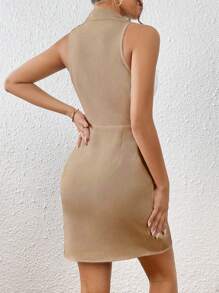 SHEIN Privé Panel Tương phản Cổ áo chất liệu da PU Đầm - Màu Khaki - Xem 2