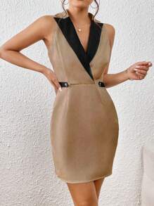 SHEIN Privé Panel Tương phản Cổ áo chất liệu da PU Đầm - Màu Khaki - Xem 5