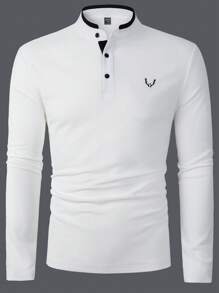 Manfinity Homme Men Antler Print Contrast Trim Quarter Button Vacation Casual Polo Shirt, Fall, Long Sleeve Top - White - View 6