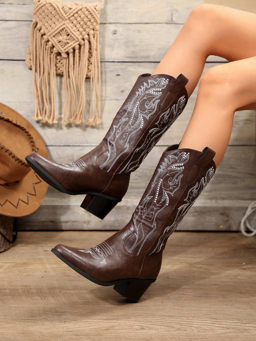 新款歐美風刺繡復古時尚樣式粗跟西部靴，尖頭設計，小腿和膝蓋高度，女士牛仔靴 - 咖啡棕 - 查看 1
