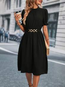 SHEIN Clasi 素色泡泡袖腰帶A字連衣裙 - 黑色 - 查看 3