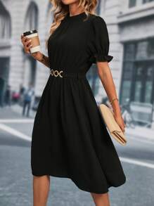 SHEIN Clasi 素色泡泡袖腰帶A字連衣裙 - 黑色 - 查看 4