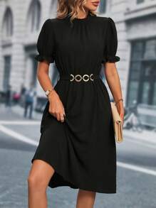 SHEIN Clasi 素色泡泡袖腰帶A字連衣裙 - 黑色 - 查看 6