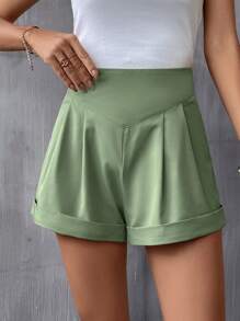 SHEIN LUNE High Waist Plicated Detail Roll Up Hem Straight Leg Shorts - Mint Green - View 1