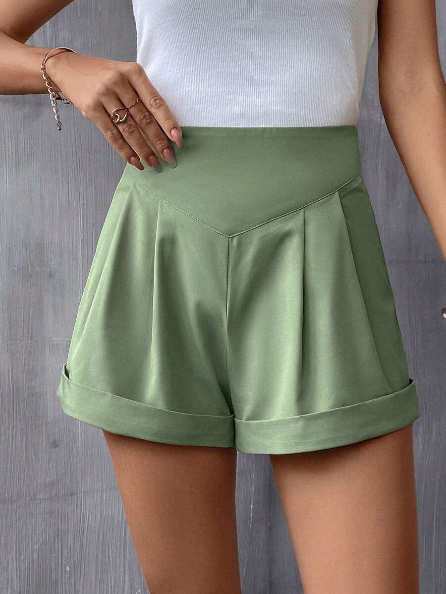SHEIN LUNE High Waist Plicated Detail Roll Up Hem Straight Leg Shorts - Mint Green - View 1