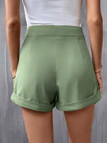 SHEIN LUNE High Waist Plicated Detail Roll Up Hem Straight Leg Shorts - Mint Green - View 2