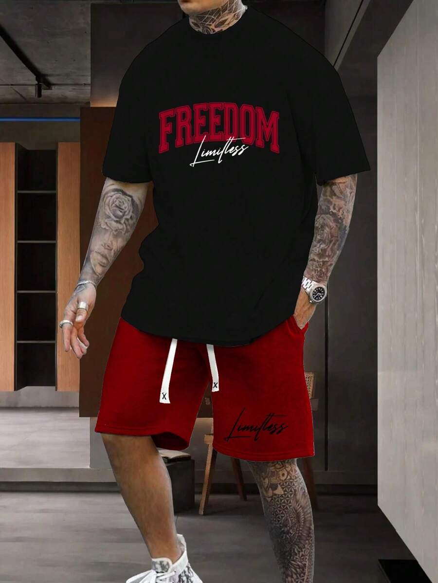 Manfinity Homme Men Letter Graphic Tee & Drawstring Waist Shorts - Multicolor - View 1