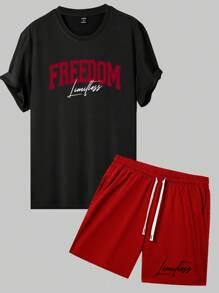 Manfinity Homme Men Letter Graphic Tee & Drawstring Waist Shorts - Multicolor - View 3