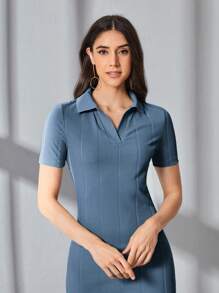 Mulvari 素色條紋針織洋裝 - 霧霾藍 - 查看 5