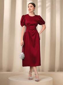 Modelyn 泡泡袖前收褶連衣裙 - 酒紅色 - 查看 1