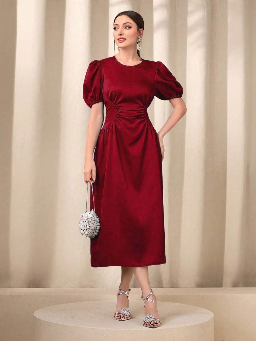 Modelyn 泡泡袖前收褶連衣裙 - 酒紅色 - 查看 1
