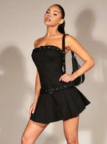 SHEIN BAE 素色腰帶抹胸連衣裙 - 黑色 - 查看 6