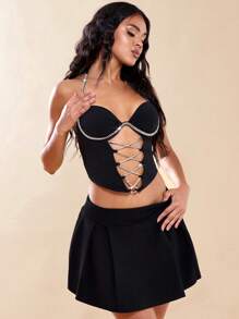 SHEIN BAE Top halter con diamante de imitación con diseño de cadena con abertura delantera - Negro - Ver 6