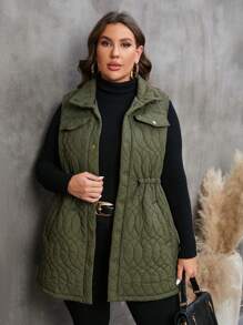 SHEIN LUNE Plus Drawstring Waist Flap Detail Quilted Vest Coat Winter Fall Autumn - Army Green - View 6