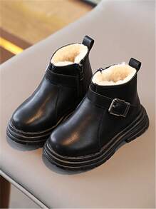 孩子們的短靴帶長毛絨,中性冬天平底靴適合女孩和男孩,加厚,側拉鍊,閒暇,時尚,舒服的,極簡風格,輕便,圓頭,流行 - 黑色 - 查看 1