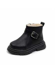 孩子們的短靴帶長毛絨,中性冬天平底靴適合女孩和男孩,加厚,側拉鍊,閒暇,時尚,舒服的,極簡風格,輕便,圓頭,流行 - 黑色 - 查看 3