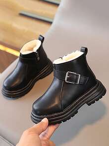 孩子們的短靴帶長毛絨,中性冬天平底靴適合女孩和男孩,加厚,側拉鍊,閒暇,時尚,舒服的,極簡風格,輕便,圓頭,流行 - 黑色 - 查看 4