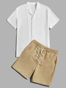 Manfinity VCAY 宽松男式圆孔刺绣衬衫和抽绳腰短裤 - 駝色 - 查看 3