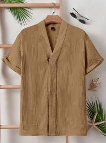 GENTILAND Men Solid V Neck Shirt - Brown - View 1