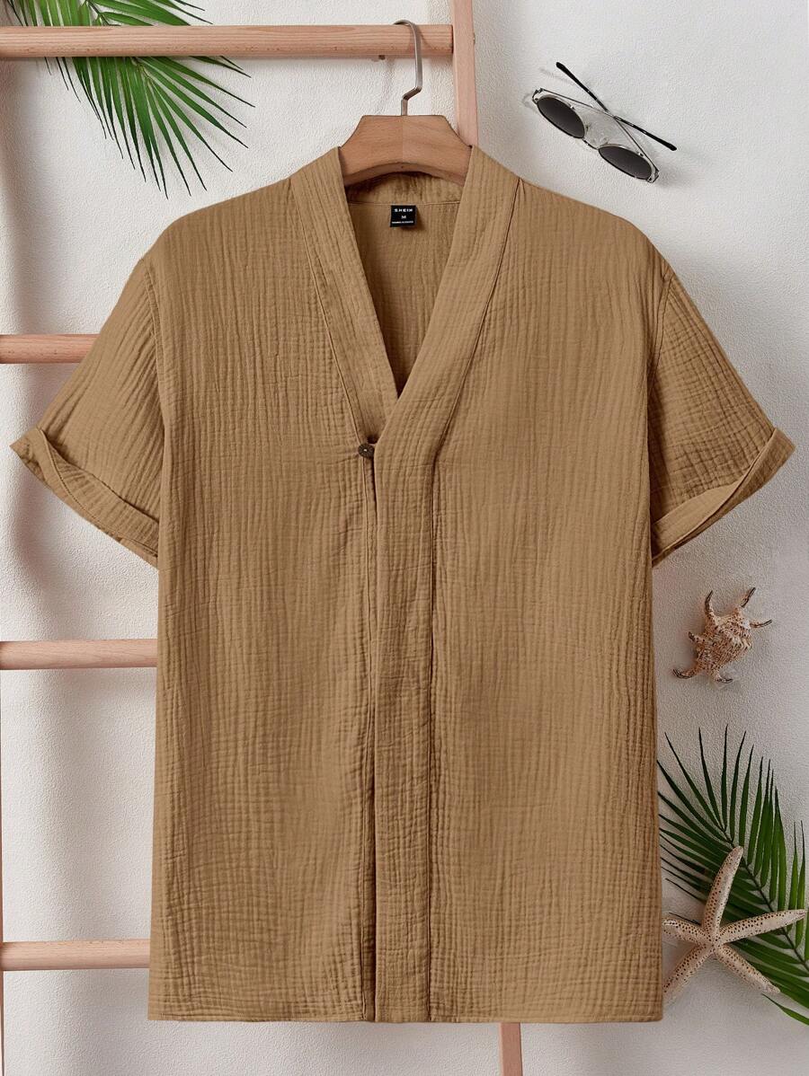 GENTILAND Men Solid V Neck Shirt - Brown - View 1