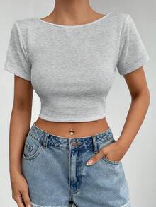 EURMUSE 素色露背短款T恤 - 淺灰色 - 查看 2